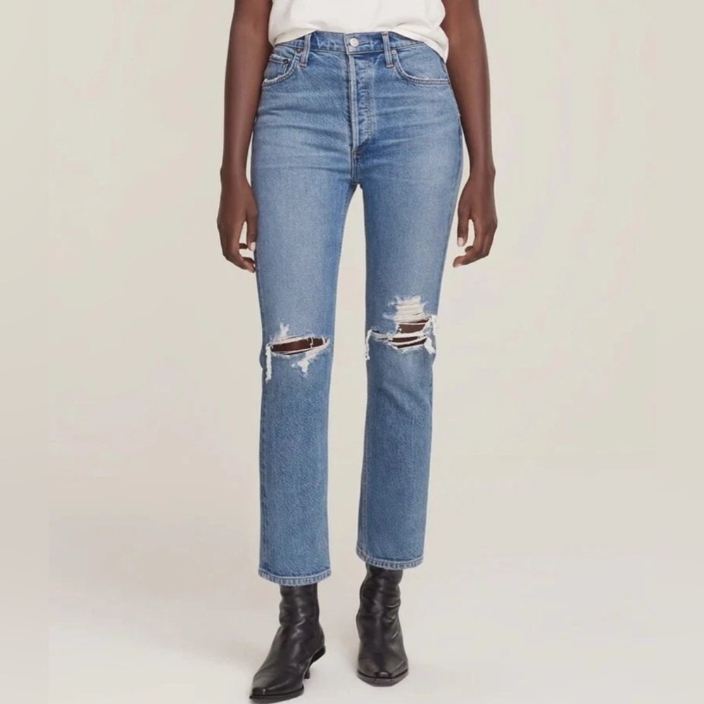 Agolde women’s Riley high rise Cropped jeans button fly blue light wash denim 32